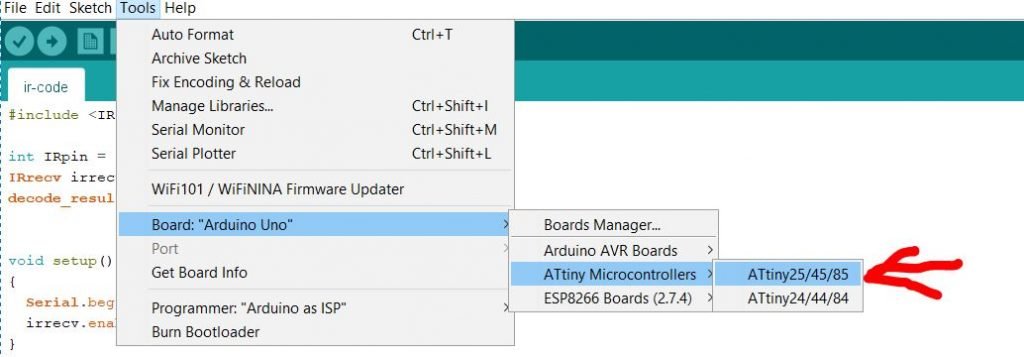 Attiny Microcontrollers board managers